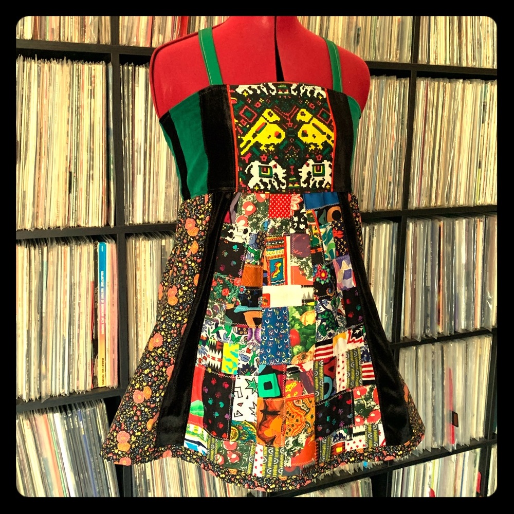 patchwork boho hippie apron bird top velvet XS 🌲